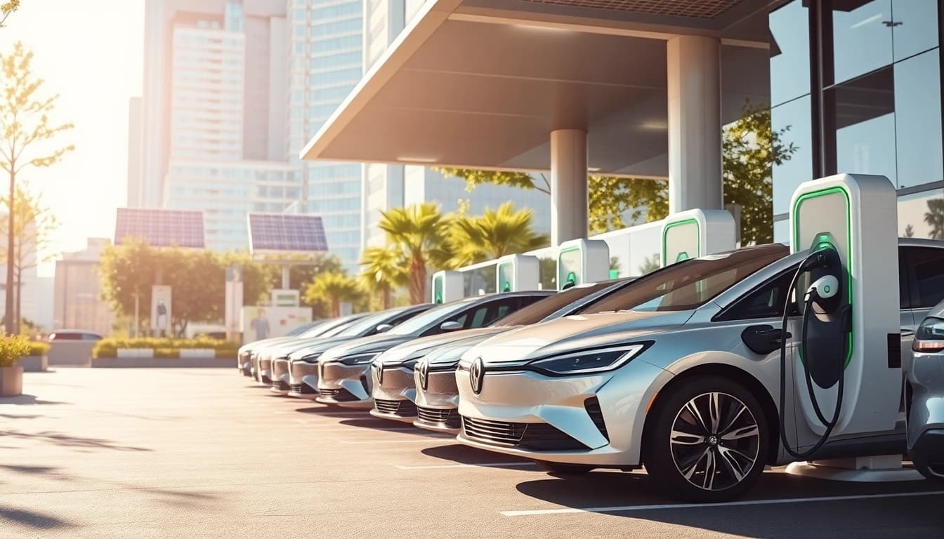 Elektroautos charging at a modern station in a sustainable city environment.
