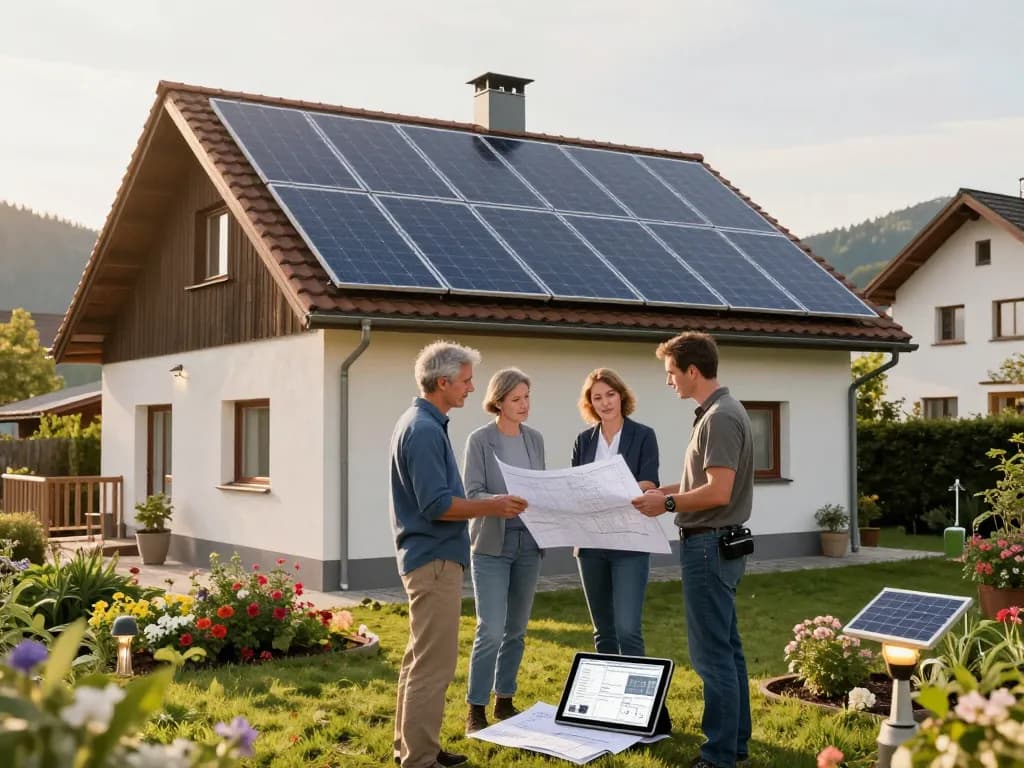 Photovoltaik Bayern Beratung zur Installation von Solarpanels in einem bayerischen Zuhause mit Hausbesitzern und Experten.