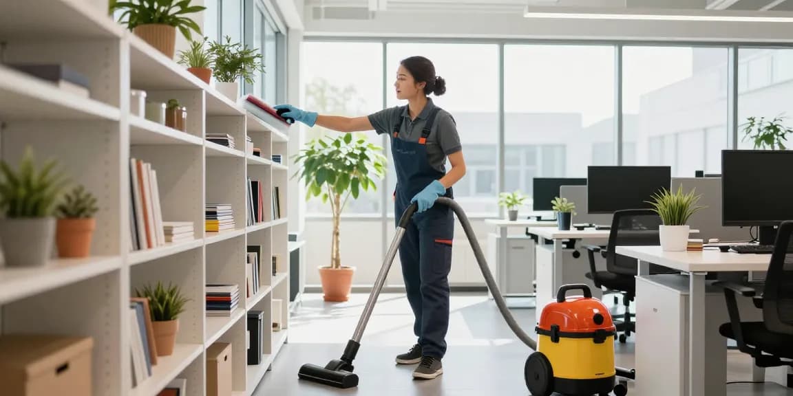 Professional cleaner at work, showcasing services of reinigungsunternehmen bern in bright office setting.