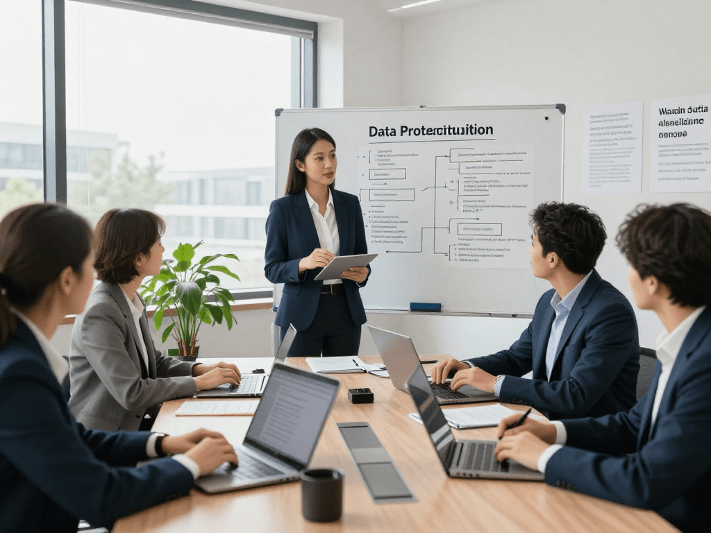 Collaborative meeting discussing Datenschutz Dienstleistung to enhance data protection strategies.