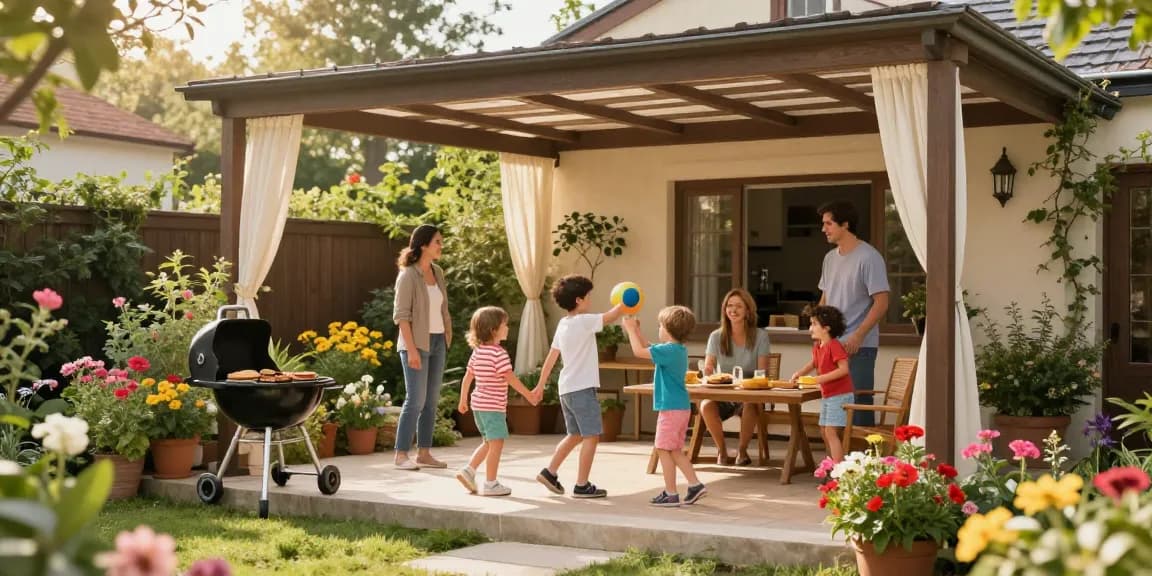 Familie unter einer freistehenden Terrassenüberdachung, sonniger Tag im Garten.