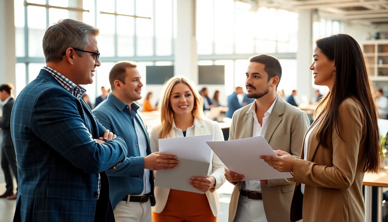 Headhunter Ingenieure im Gespräch mit Kandidaten in einem modernen Büro, professionelles Bild.