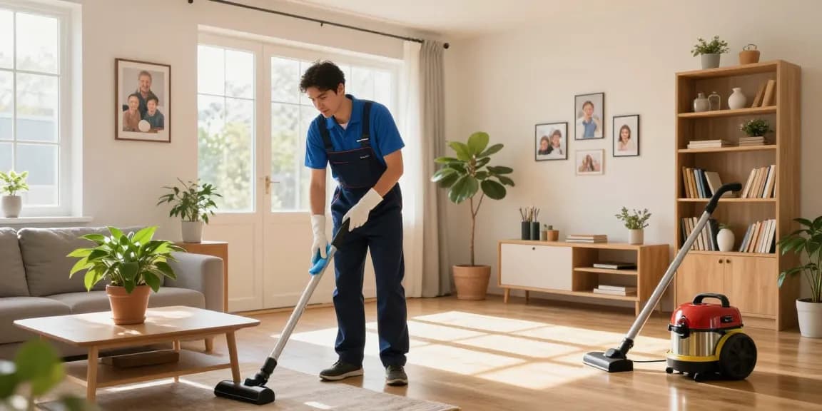 Professionelle Reinigungskraft in einem hellen Wohnzimmer, die die Qualität der Dienstleistungen der reinigungsfirma solothurn zeigt.