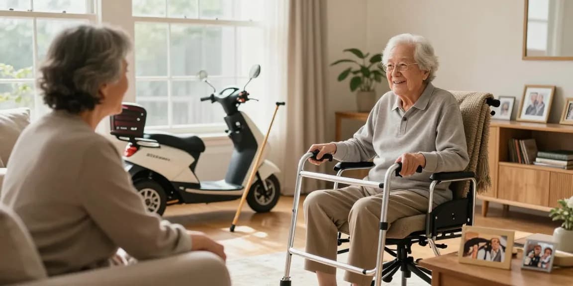 Buy nobility aids showcased in a cozy living room with elderly person using a walker, emphasizing comfort and independence.