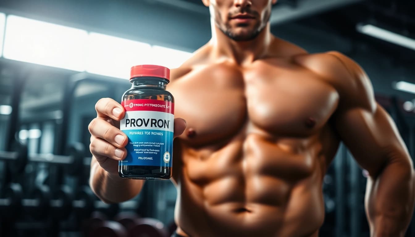 Proviron kaufen: Fitnessmodel hält Proviron-Flasche im Fitnessstudio mit motivierender Ausstrahlung.