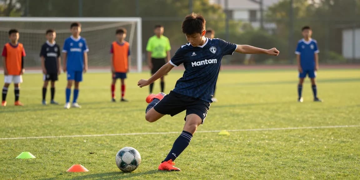 Fußball günstig kaufen - Jugendspieler beim präzisen Torschuss auf einem sonnigen Spielfeld mit Mantom Ball.