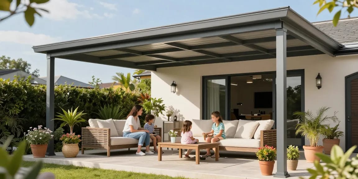 Familie entspannt unter einer Terrassenüberdachung, die den Außenbereich stilvoll schützt.