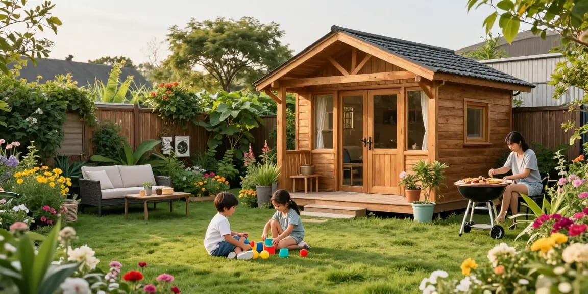 Gartenhäuser aus Holz in einem einladenden Garten mit glücklicher Familie und bunten Blumenbeeten.