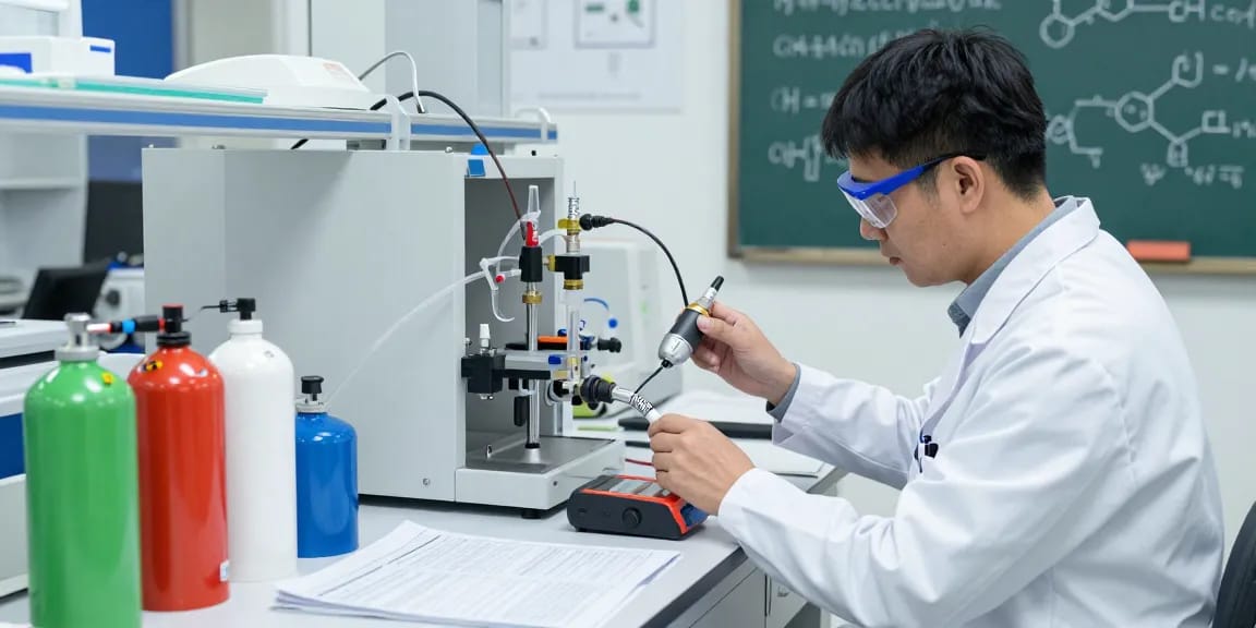 Professioneller Helium Sensor Test in einem modernen Labor mit präzisen Gasanalysen.