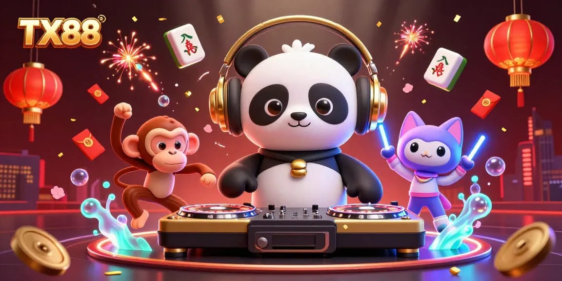 Experience the excitement of TX88 casino gaming with DJ panda and friends in a vibrant 3D illustration.