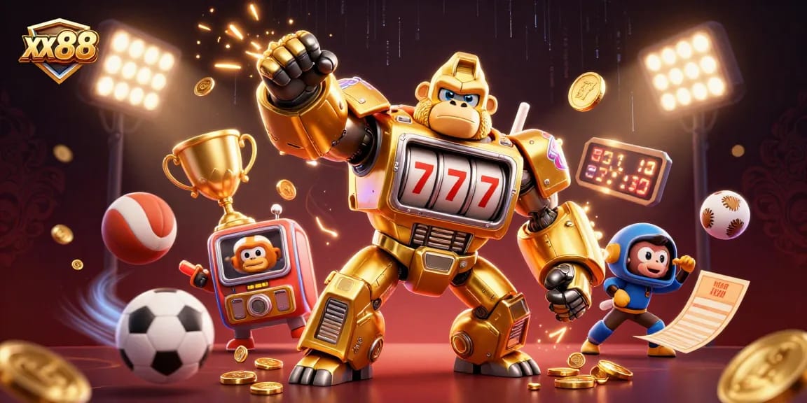 Engage in thrilling gameplay with xx 88's golden gorilla mech and dynamic sports action.