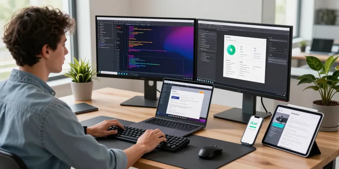 Developer building internal tools with AI in a modern workspace, showcasing coding and collaboration.