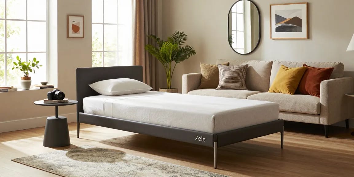 Einladendes Wohnzimmer mit modernen Möbeln wie Zele Einzelbett und Leone Beistelltisch, perfekt für Möbel kaufen.