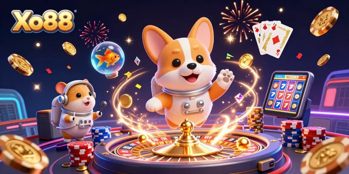 Xo88 takes you on a thrilling space casino adventure with cartoon characters and vibrant game elements.