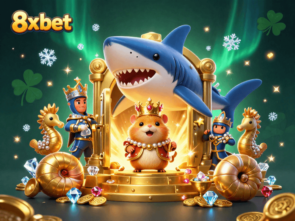 Bet big with 8x bet while enjoying a vibrant 3D casino scene filled with treasure.