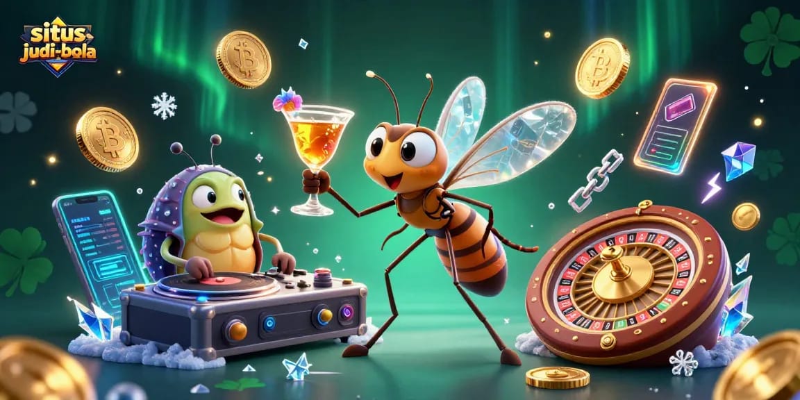 Experience situs-judi-bola excitement with a lively 3D scene showcasing unique gambling characters and dynamic casino elements.