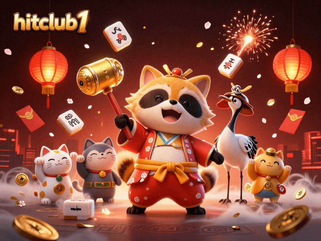 Join the fun at hitclub1 with this vibrant scene of lucky characters and glowing casino elements.