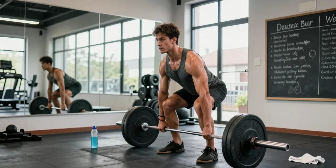 Anabolika Shop: Bodybuilder im Fitnessstudio beim Deadlift, umgeben von Gewichten und motivierenden Hinweisen.