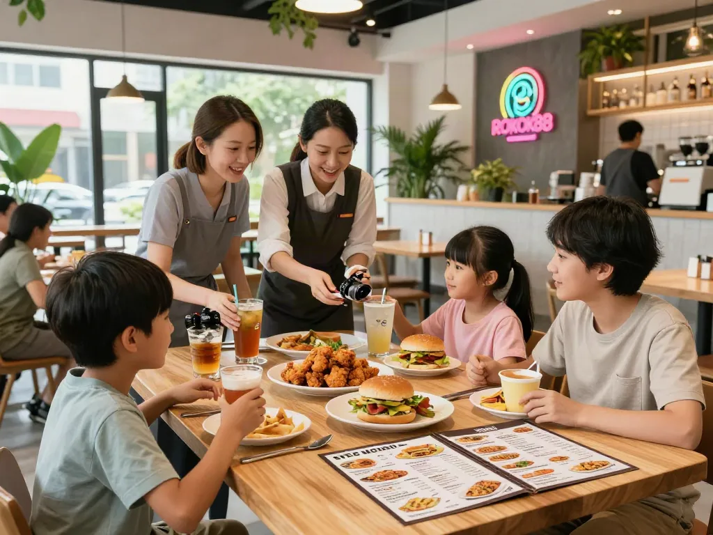 Family enjoying a meal at ROKOK88 restaurant with menus, highlighting rokok88 login experience.