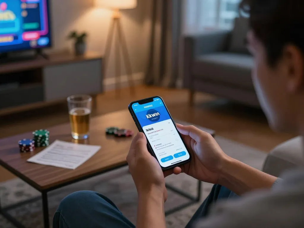Kkwin user enjoying mobile gameplay in a cozy living room atmosphere, surrounded by betting notes and drinks.
