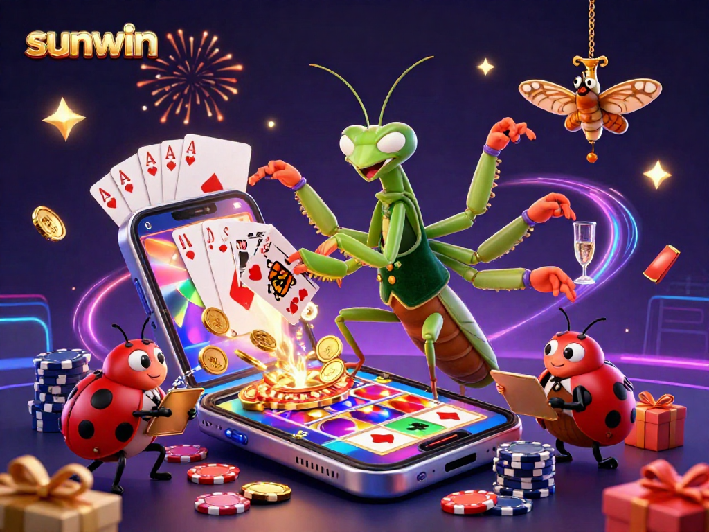 Engage with the sunwin animated casino scene featuring vibrant characters, slots, and festive elements.