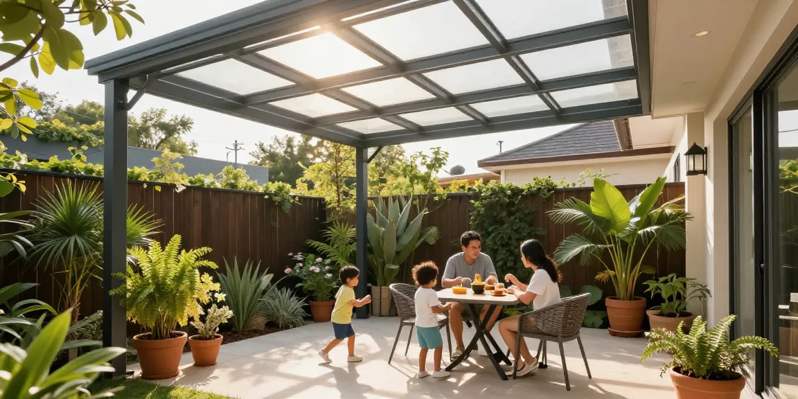 Moderne Terrassenüberdachung mit Familie in sonniger Atmosphäre.