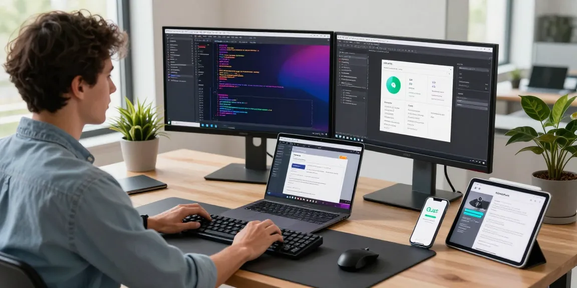 Developer building internal tools with AI in a modern workspace, showcasing coding and collaboration.