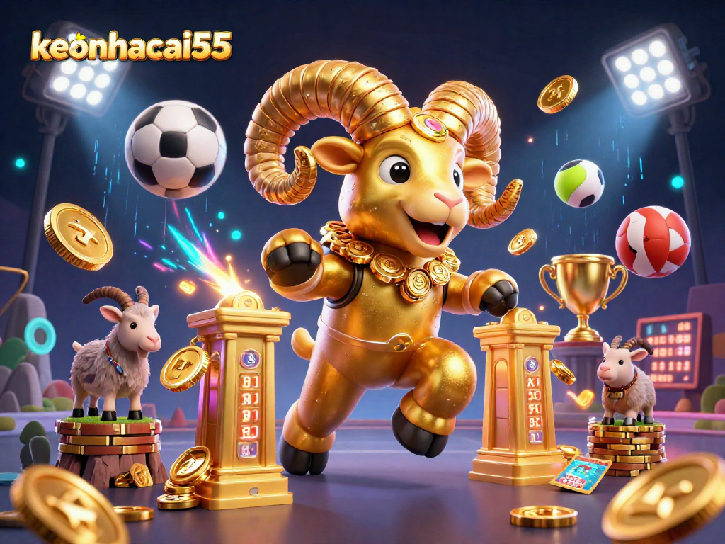 Engage with keonhacai55 through a dynamic scene of a golden ram and sports elements.