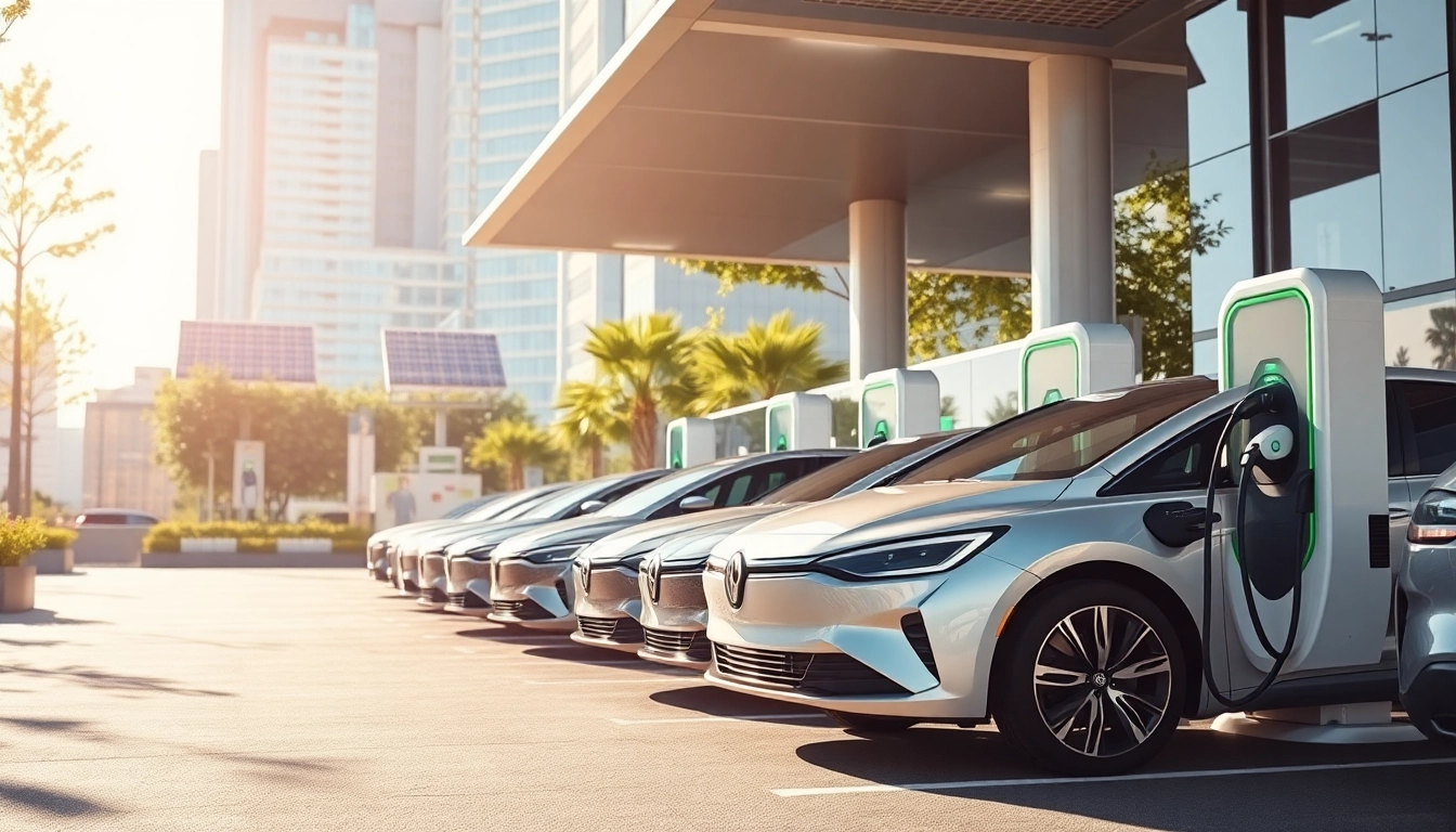 Elektroautos charging at a modern station in a sustainable city environment.