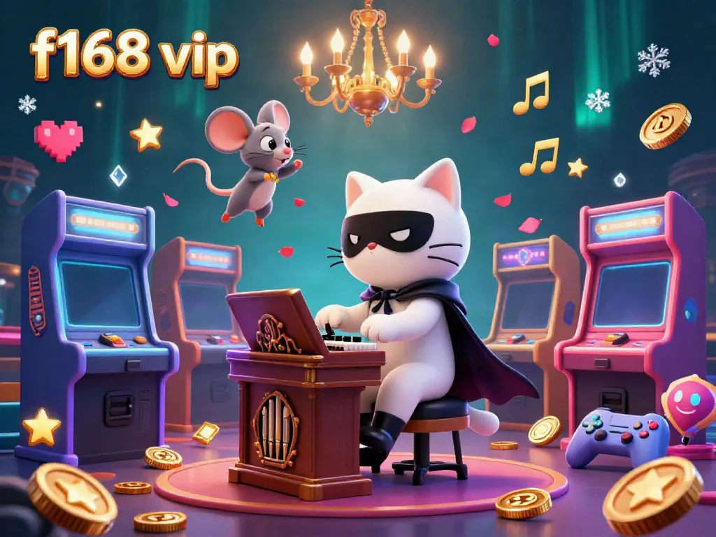 Experience f168 vip joy with a lively casino scene featuring a masked cat at a pipe organ amidst rich gaming elements.