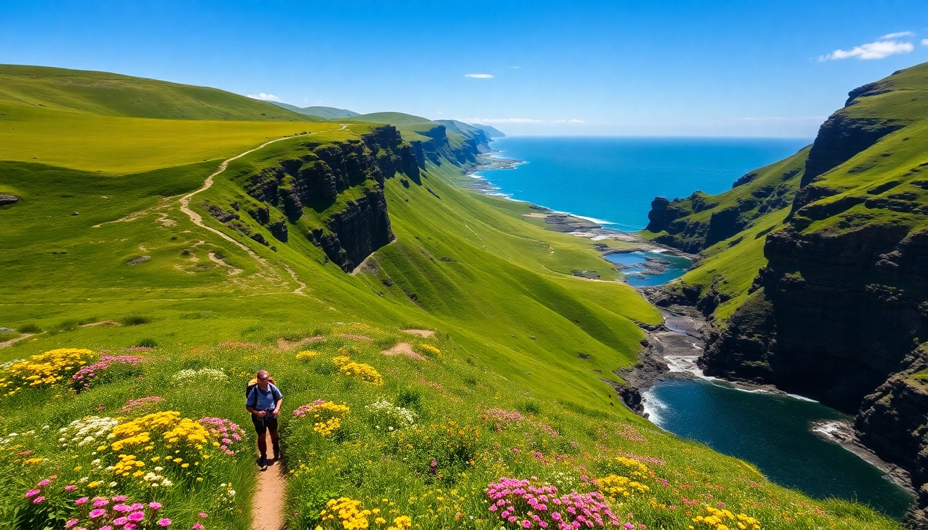 Dingle Way Fernwanderweg in einer idyllischen Landschaft mit einem Wanderer und blühenden Wiesen.