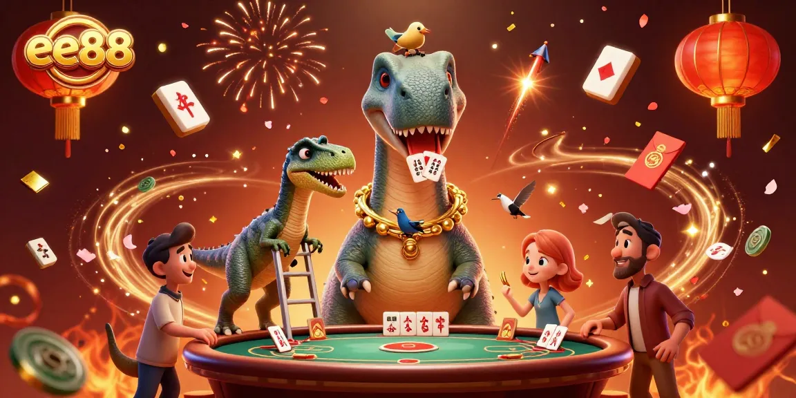 Experience thrilling casino action with ee88 in a vibrant 3D brontosaurus and raptor scene filled with game elements.