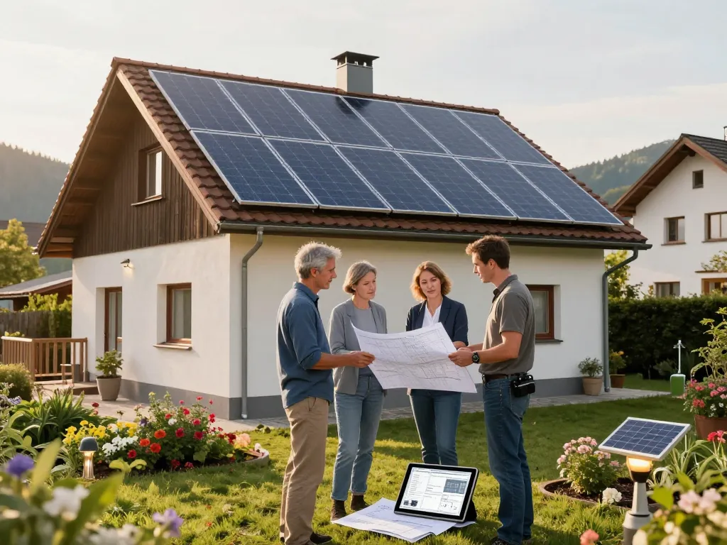 Photovoltaik Bayern Beratung zur Installation von Solarpanels in einem bayerischen Zuhause mit Hausbesitzern und Experten.