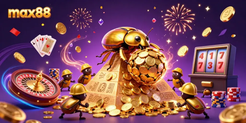 Experience the excitement of max88 with a golden beetle rolling coins and festive casino elements.