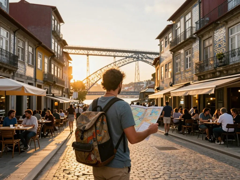 Reisetipps Porto Landschaft mit einem Reisenden in lebhaften Straßen und ikonischer Brücke.