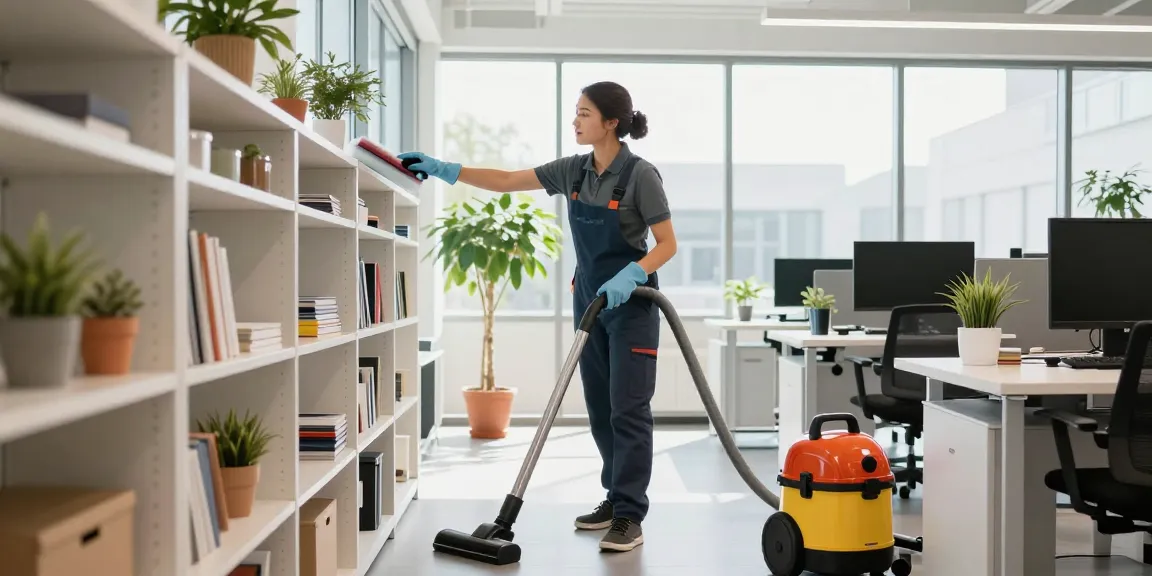 Professional cleaner at work, showcasing services of reinigungsunternehmen bern in bright office setting.