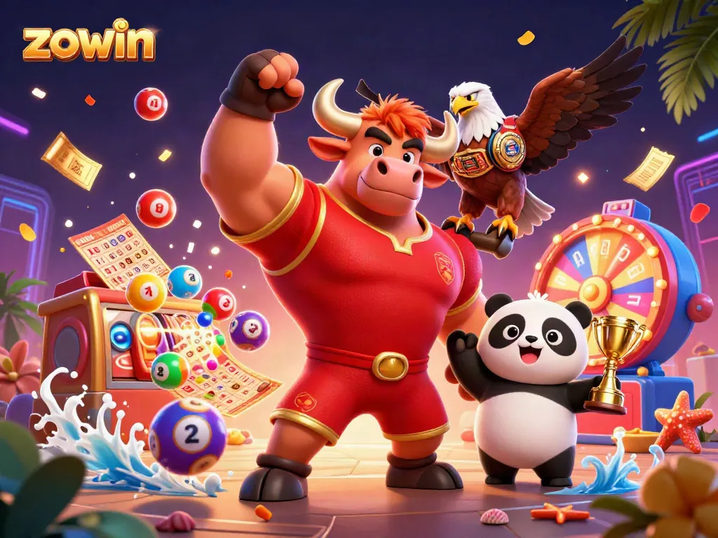 Win exciting prizes with Zowin in a vibrant lottery-themed casino scene.