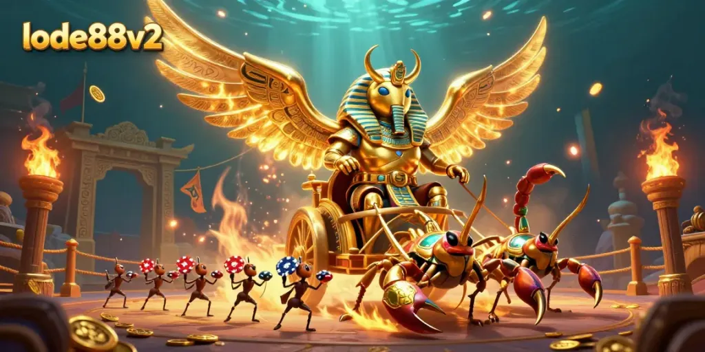 Engage with lode88v2's thrilling scene featuring golden scarabs and dynamic betting elements.
