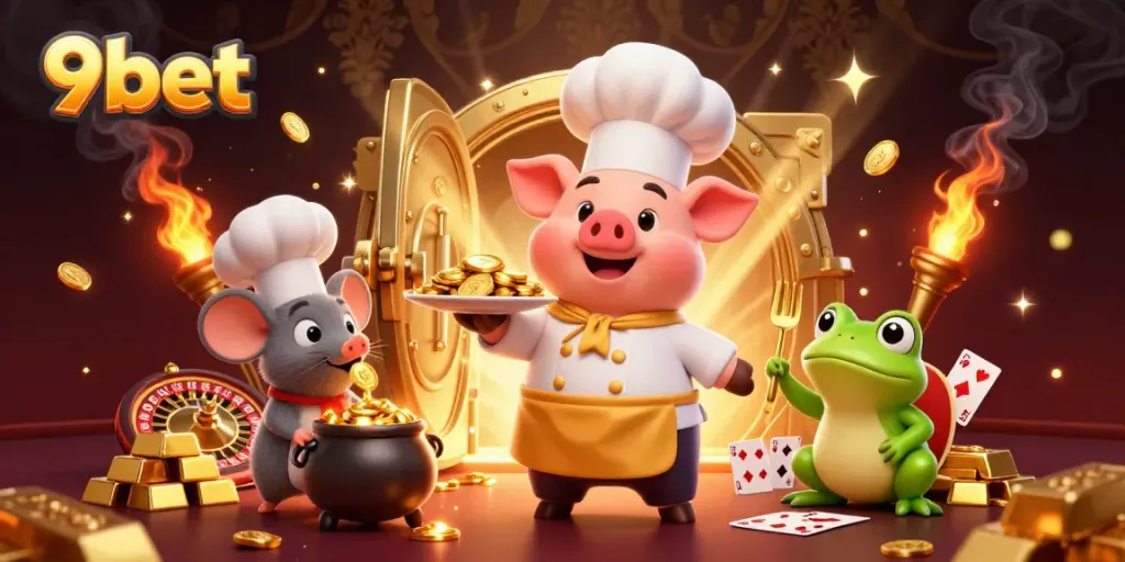 Engage with 9bet's exciting live casino scene featuring a golden chef pig and sparkling treasures.