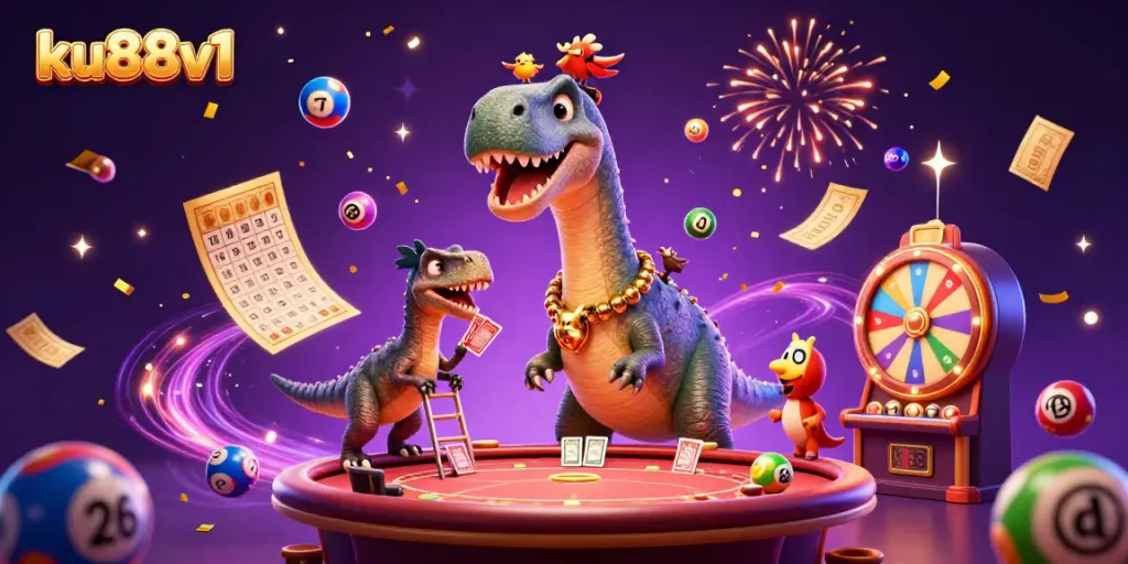 Engage in thrilling gameplay at ku88v1, featuring vibrant characters in a lively casino scene.
