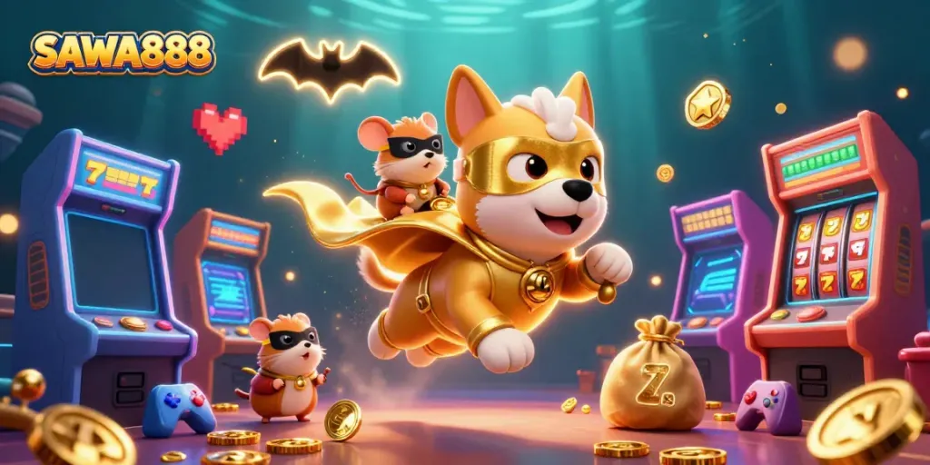 Experience thrilling gaming with SAWA888's exciting slots, featuring a superhero dog and colorful arcade elements.