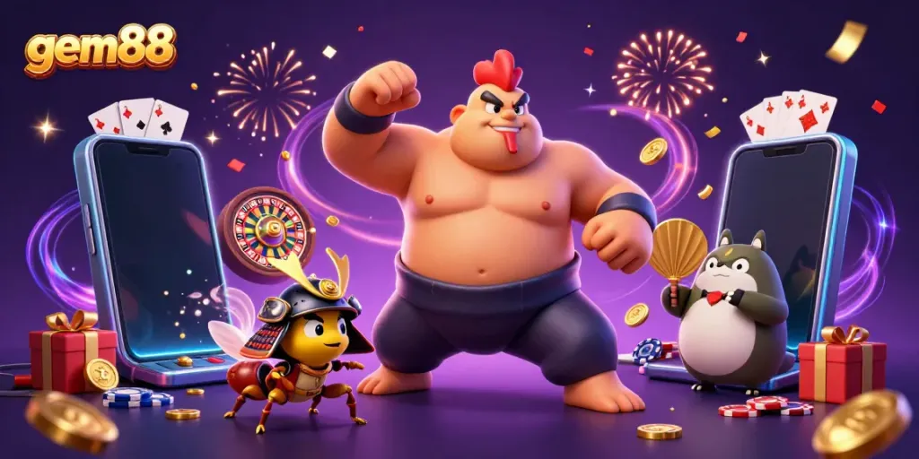Experience thrilling gameplay at gem88 with vibrant gaming characters and stunning casino elements.