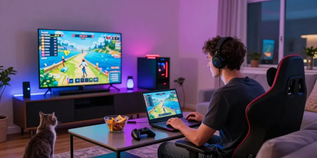 Dynamic gaming scene at https://du88az.net/ with vibrant LED lights and gaming gear