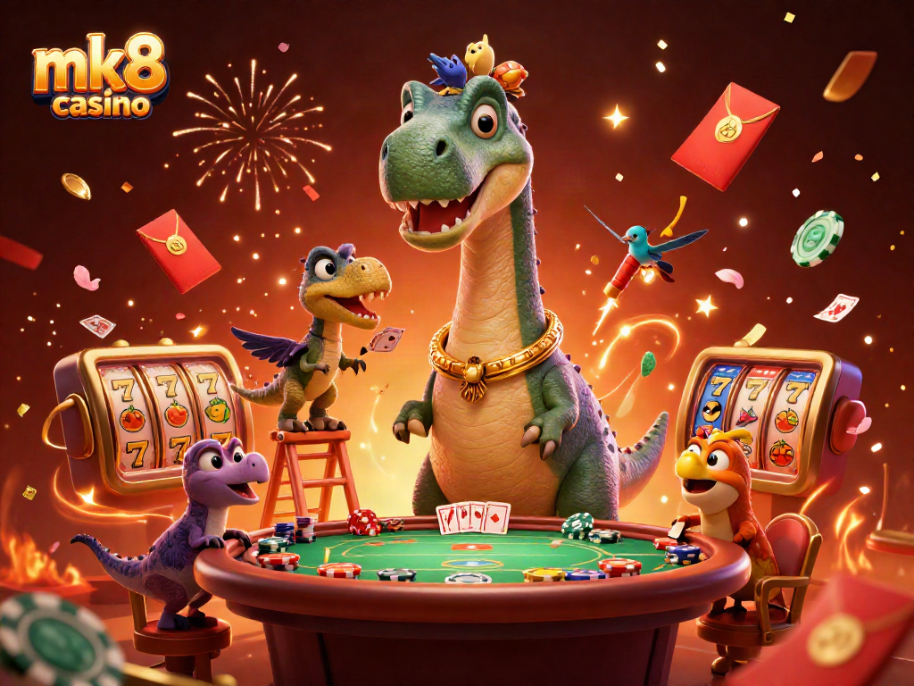 Experience excitement at mk8 casino with a lively illustration featuring a dinosaur card dealer.