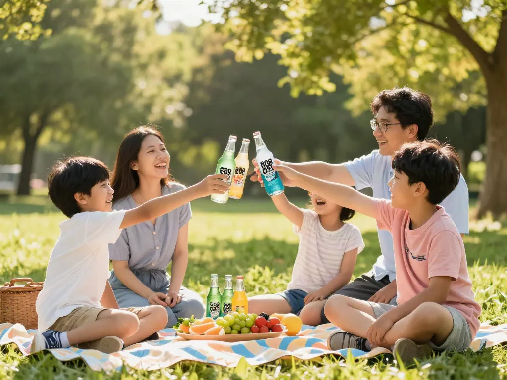 Family enjoying refreshing ROKOK88 Soda Fresh during a summer picnic.