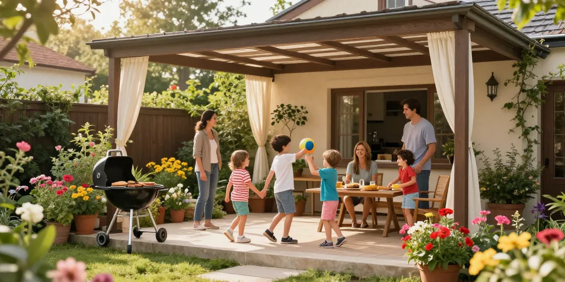 Familie unter einer freistehenden Terrassenüberdachung, sonniger Tag im Garten.