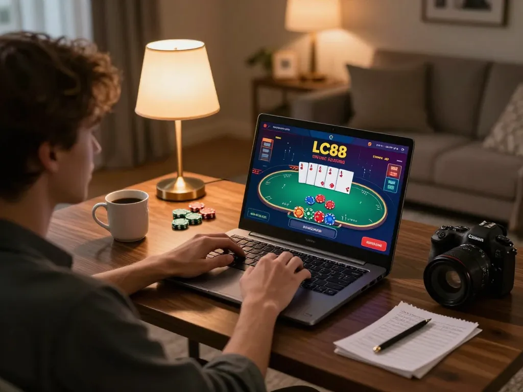 Engaging with online casino gaming at https://lc88.it.com/ on a stylish desk, showing a cozy and responsible atmosphere