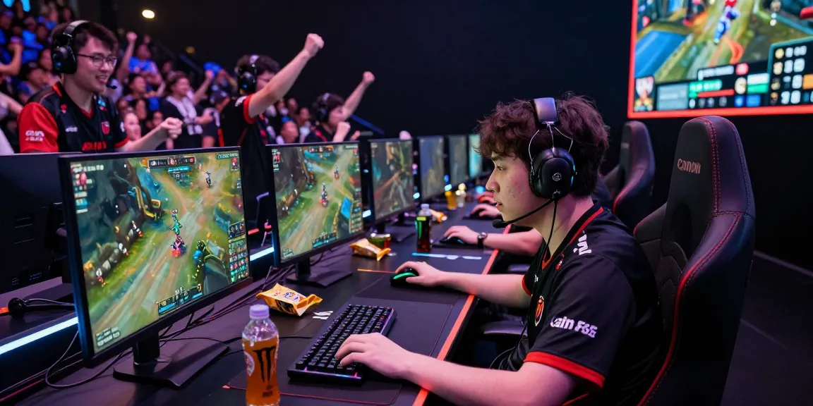 Esports player at FAFA828 tournament, intense gaming atmosphere with cheering teammates and dynamic visuals.