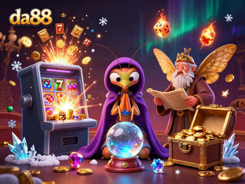 Experience thrilling wins with da88 in this vibrant 3D casino scene featuring a fortune teller and library guardian.