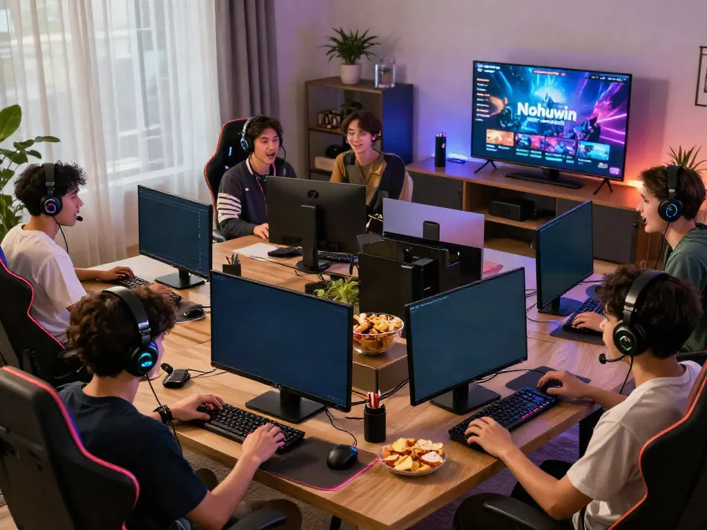 Players enjoying the Nohuwin gaming platform in a lively living room setting, emphasizing excitement and community.